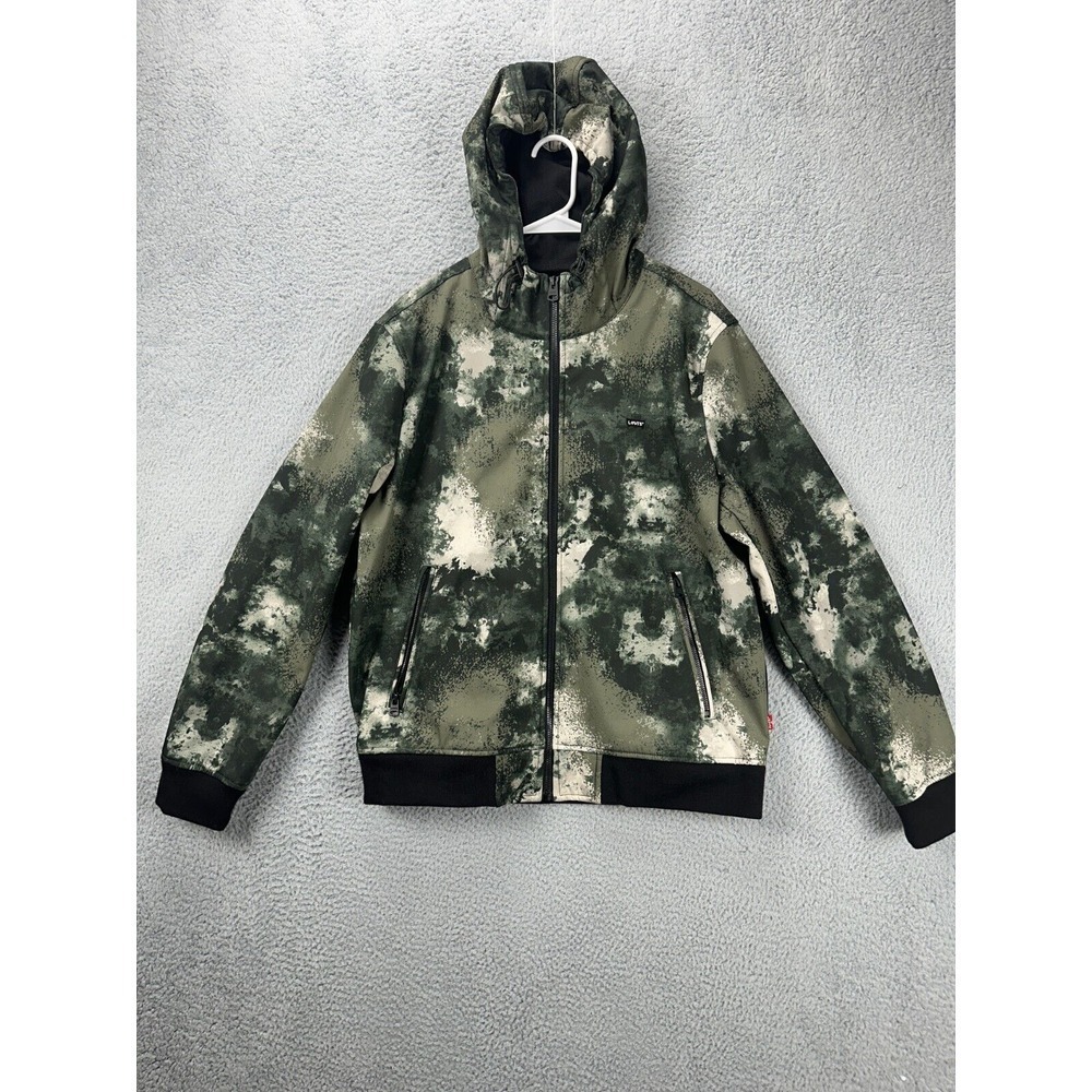 Levis Jacket Mens Large Green Camouflage Soft Shell Full Zip Hoodie Pockets Logo